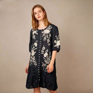 NWOT JOHNNY WAS Ramie Black Osiris Puff Sleeve Embroidered Dress Boho Chic Sz S